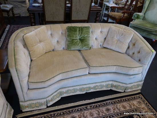 2 CUSHION LOVESEAT; MADE BY WATERS FURNITURE CO. IS CREAM IN COLOR WITH GREEN TRIM AND FLORAL