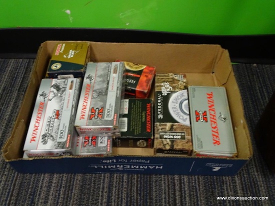 TRAY LOT OF AMMUNITION; ASSORTED LOT TO INCLUDE 2 BOXES OF WINCHESTER DEER SEASON XP 300 WSM 150