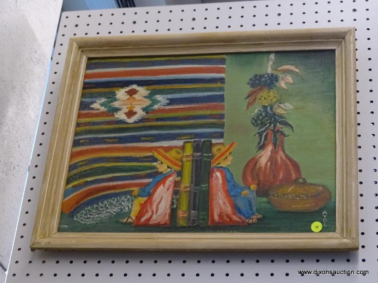 FRAMED OIL ON BOARD; DEPICTS A PAIR OF HISPANIC THEMED BOOKENDS WITH A BLANKET AND VASES IN THE