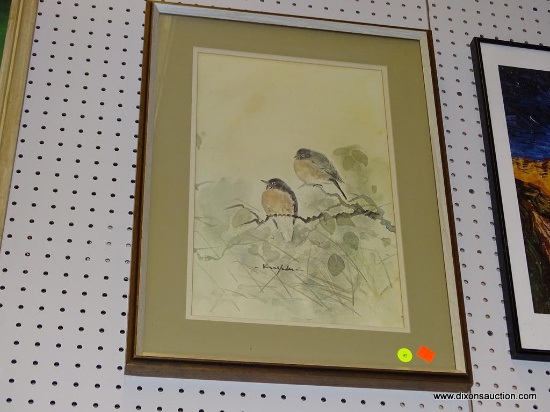 FRAMED WATERCOLOR; DEPICTS A PAIR OF BIRDS SITTING ON A BRANCH FOR A REST. SIGNED BY THE ARTIST