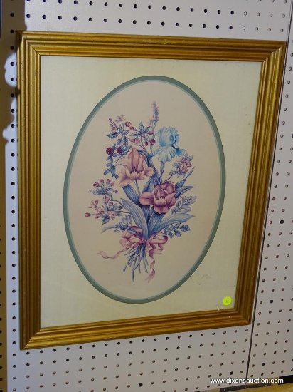 FRAMED FLORAL PRINT; IN HUES OF GREEN, BLUE, PINK, AND RED. HAS GREEN AND CREAM COLORED MATTING AND