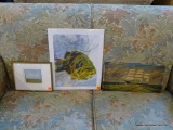 3 PIECE ART LOT; INCLUDES A HAND PAINTED OIL ON BOARD OF A SHIP, AN UNFRAMED FISH PRINT TITLED OH