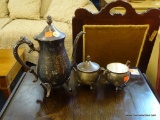 TEA SET; INCLUDES 3 PIECES OF LEONARD SILVER PLATE SUCH AS A TEAPOT, A CREAMER, AND A SUGAR DISH.
