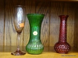 3 PIECE LOT; INCLUDES A GREEN HOOSIER GLASS VASE, A RED E.O. BRODY GLASS VASE, AND AN AMETHYST