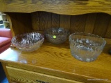 LOT OF CRYSTAL BOWLS; 1 IS A CRYSTAL AND PINK FLORAL PATTERN BOWL, 1 IS A POPPY PATTERN BOWL, AND 1