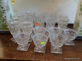 PRESSED GLASS LOT; INCLUDES 6 SHERBETS, 6 ICED TEA GLASSES, AND 6 WATER GLASSES.