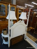 TWIN SIZED BED; WHITE PAINTED 4 POSTER BED WITH BEADED CENTER HEADBOARD AND SCREW ON FINIALS. IS IN