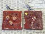 TILE WALL HANGERS; PAIR OF BURGUNDY FRUIT THEMED WALL HANGING PLAQUES/TILES. BOTH ARE IN VERY GOOD