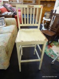 BAR CHAIR; LIGHT GREEN RUSTIC BAR CHAIR. IN VERY GOOD CONDITION! MEASURES 15 IN X 17 IN X 44 IN