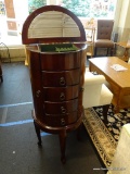 JEWELRY STAND; MAHOGANY JEWELRY STAND WITH LIFT-TOP WITH MIRROR AND INTERIOR STORAGE, 2 SIDE DOORS