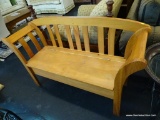 PATIO/HALL BENCH; MADE OF PINE WITH A LIFT TOP STORAGE SEAT AND SLATTED SIDES AND BACK. MEASURES 54