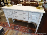 RUSTIC SIDEBOARD; FARM CHIC WHITE PAINTED 2 DRAWER AND 2 DOOR SIDEBOARD WITH STRAIGHT LEGS. IS IN