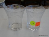 ETCHED GLASS LOT; INCLUDES 2 FLORAL ETCHED SHOT GLASSES. EACH IS IN EXCELLENT CONDITION!