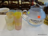MID-CENTURY MODERN DRINKING WARE SET; INCLUDES A BLUE AND LEAF PATTERN PITCHER AND 6 MATCHING