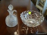 2 PIECE LOT; INCLUDES A PRESSED GLASS VINEGAR CRUET AND A PRESSED GLASS CANDY DISH.
