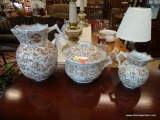 3 PIECE BATH LOT; INCLUDES A CHAMBER POT, A WASH PITCHER, AND A SMALLER PITCHER. ALL ARE MADE BY