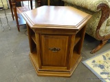 HEXAGONAL END TABLE; HEXAGON SHAPED END TABLE WITH BEVELED EDGE HEXAGON TOP, THREE MOCK DOORS ON