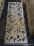 BLUE AND YELLOW FLORAL RUG RUNNER; FEATURES LIGHT BLUE, DARK BLUE, AND YELLOW FLOWERS ON A VINE,