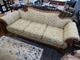 VINTAGE WOOD, BEIGE, AND GREY TRIVETTE SOFA; VINTAGE, WOOD FRAMED TRIVETTE SOFA WITH ROLLED ARMS, A