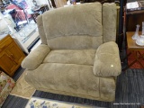 BEIGE RECLINER; BEIGE COLORED RECLINER WITH FLAPPER STYLES HANDLE. SEAT IS WIDER THAN YOUR NORMAL