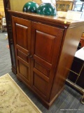 HOOKER FURNITURE ENTERTAINMENT CENTER; DARK BROWN ENTERTAINMENT STAND WITH TWO EZ POCKET DOORS