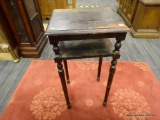 DARK PAINTED END TABLE; DARK PAINTED, RECTANGULAR TOP END TABLE WITH SMALL TOP SHELF. SITS ON FOUR,