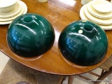 GREEN LAMP GLOBES; PAIR OF GREEN SEMI-CIRCLE LAMP GLOBES. MEASURE 11 IN DIAMETER. MATCHES LOTS 225,