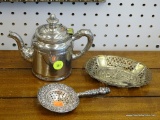LOT OF ASSORTED SILVERPLATE; THIS 3 PIECE LOT INCLUDES A SILVERPLATE TEA KETTLE WITH A HINGED LID