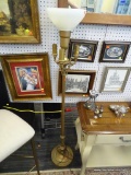 BRASS CANDELABRA FLOOR LAMP; BRASS FLOOR LAMP WITH CREAM COLORED CENTER GLOBE, AND THREE CANDELABRA
