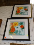 MATCHING FLOWER PRINTS; THIS PAIR OF MATCHING PRINTS FEATURES ABSTRACT FLOWERS IN BLUES, ORANGES,