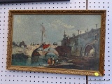 VINTAGE PRINT ON BOARD; THIS PRINT ON BOARD SHOWS A WATERWAY WITH PEOPLE ON THE BANK AND ON A STONE