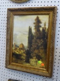 FRAMED WATERCOLOR PRINT; THIS PRINT SHOWS A MEDITERRANEAN VIEW WITH TREE. IT IS FRAMED IN A CARVED