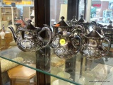 WILCOX SILVER PLATE CO. TEA SET; FOUR PIECE TEA SET INCLUDES 2 TEA POTS, A CREAMER, AND A SUGAR. ALL