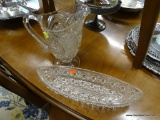 LOT OF CUT GLASS; THIS 2 PIECE LOT INCLUDES A HOBSTER AND STRAWBERRY DIAMOND CUT PITCHER, AND A CANE