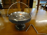 SILVERPLATE STEMMED CANDY NUT DISH; HANDLED, PEDESTAL-STEMMED CANDY/NUT DISH WITH RELIEFS OF BIRDS,