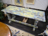 HAND PAINTED TABLE; TABLE IS HAND PAINTED WITH A GRAY, BLUE, AND YELLOW BRUSHSTROKE DESIGN. THIS