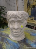 BUST PLANTER; CREAM COLORED BUST PLANTER THAT DEPICTS A MAN WEARING A TURBAN WITH A BROOCH ON HIS