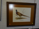 RING-NECKED PHEASANT PRINT; PRINT FEATURES A RING-NECKED PHEASANT STANDING IN A PILE OF STRAW.