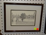 UNTITLED BLACK AND WHITE PRINTED SKETCH; 20TH C. DOUBLE MATTED IN BLACK AND WHITE WITH A MARBLED