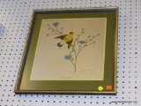 RAY HARM JR. BIRD SKETCH; SKETCH DEPICTS AN AMERICAN GOLDFINCH SITTING ON A BLUE FLOWERING PLANT.