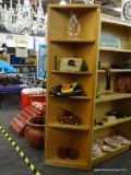 WOODEN CORNER SHELVING UNIT; STURDY LIGHT COLORED WOOD GRAIN CORNER UNIT WITH 4 SHELVES. THE 2