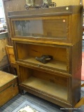 BARRISTER'S BOOKCASE; DARK WOOD BARRISTER'S BOOKCASE. PIECE CONTAINS THREE SHELVES WITH LIFT UP