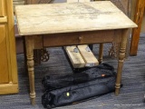 CHILD'S DESK; SINGLE DRAWER, RECTANGULAR TOP CHILD'S DESK. TOP IS CRACKED IN TWO PLACES, AND PIECE
