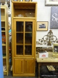 LIGHT WOOD DISPLAY CABINET; LIGHT WOOD MULTI-PURPOSE DISPLAY CABINET WITH A SINGLE SHELF UP TOP, A
