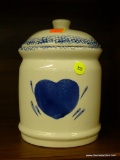 KITCHEN JAR; WHITE LIDDED JAR WITH COBALT BLUE HEART AND DESIGNS. PERFECT FOR COOKIES, SUGAR, FLOUR,