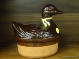 POTTERY DUCK SERVING BOWL; POTTERY SERVING BOWL WITH DEEP BROWN GLAZED LID THAT RESEMBLES A DUCK.