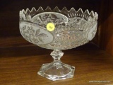 CUT GLASS TRIFLE DISH; DIAMOND-CUT GLASS TRIFLE DISH WITH FLUTED EDGE AND FROSTED OVALS DECORATED