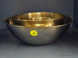 STAINLESS STEEL MIXING BOWLS; SET OF 3 MIXING BOWLS. SMALLER TWO BOWLS INCLUDE HOOKS FOR HANGING.