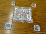 ASSORTED GLASS LOT; INCLUDES 4 PRESSED GLASS CANDLESTICK HOLDERS, A SALT CELLAR, AND A PRESSED GLASS
