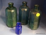 RUMFORD CHEMICAL WORKS MEDICINE BOTTLES; LOT OF 3 EIGHT-SIDED, TEAL MEDICINE BOTTLES, AND A SMALL